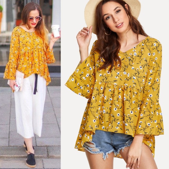None Tops - Floral print hi/low peplum top